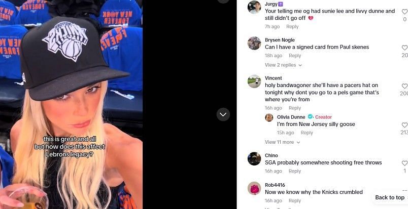 Screenshot of Olivia Dunne's reply to the comment (livvy/TikTok)